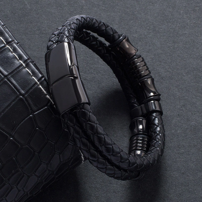 Genuine Leather Braided Double Layer Bracelet (Black or Silver)