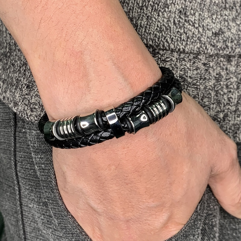 Genuine Leather Braided Double Layer Bracelet (Black or Silver)