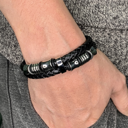 Genuine Leather Braided Double Layer Bracelet (Black or Silver)